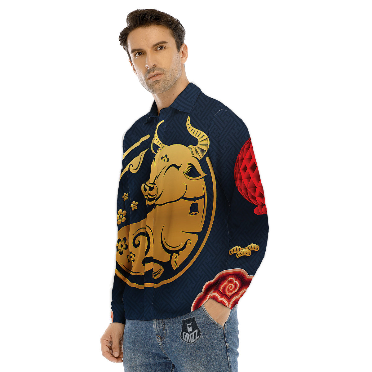 Ox Zodiac Chinese Cute Print Men's Dress Shirts-grizzshop