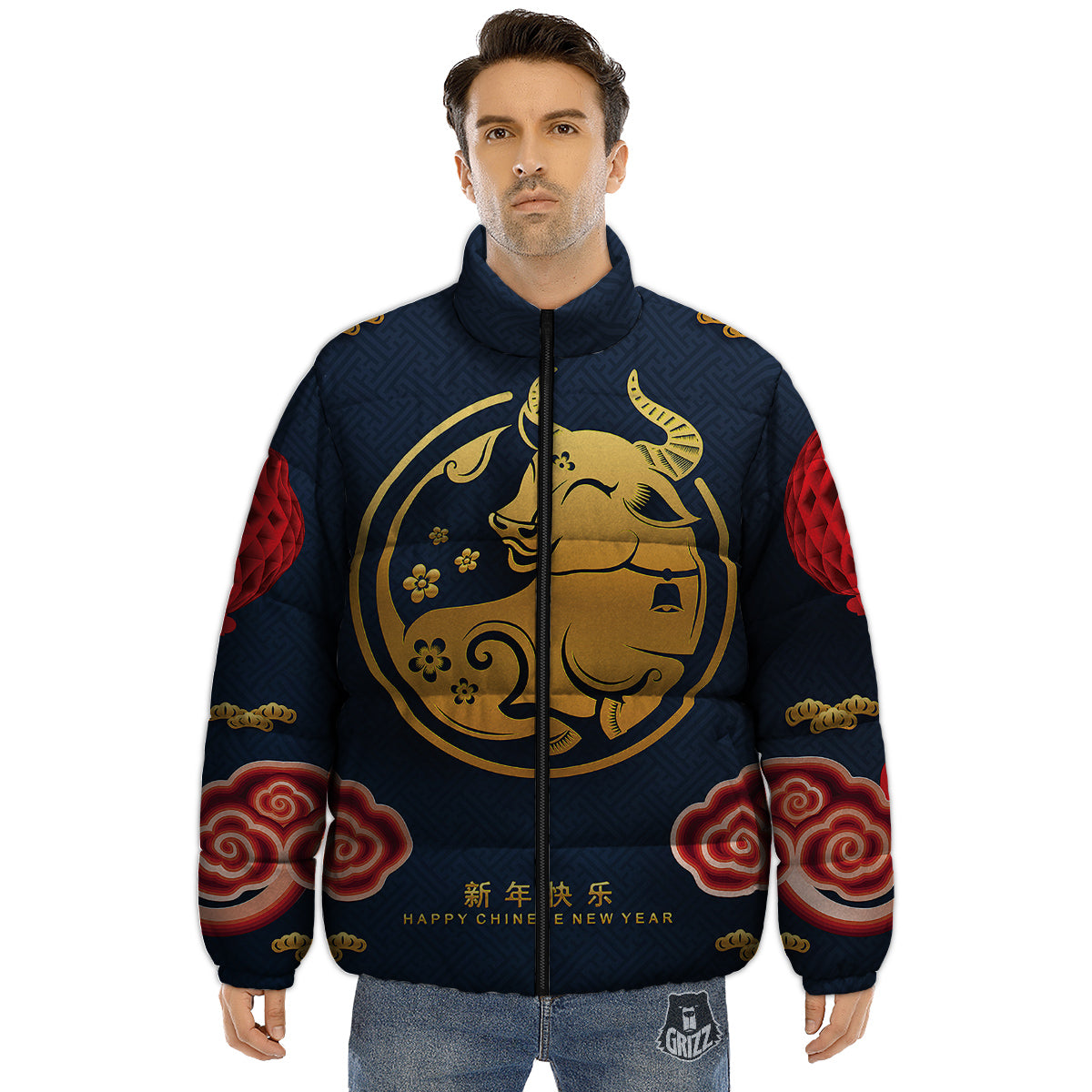 Ox Zodiac Chinese Cute Print Puffer Jacket-grizzshop