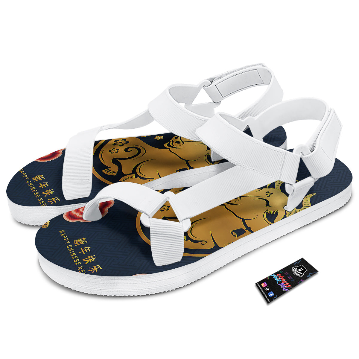 Ox Zodiac Chinese Cute Print White Open Toe Sandals-grizzshop