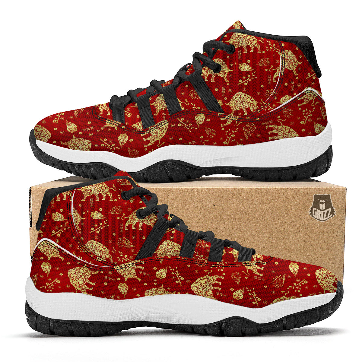 Ox Zodiac Chinese Flower Print Black Bball Shoes-grizzshop