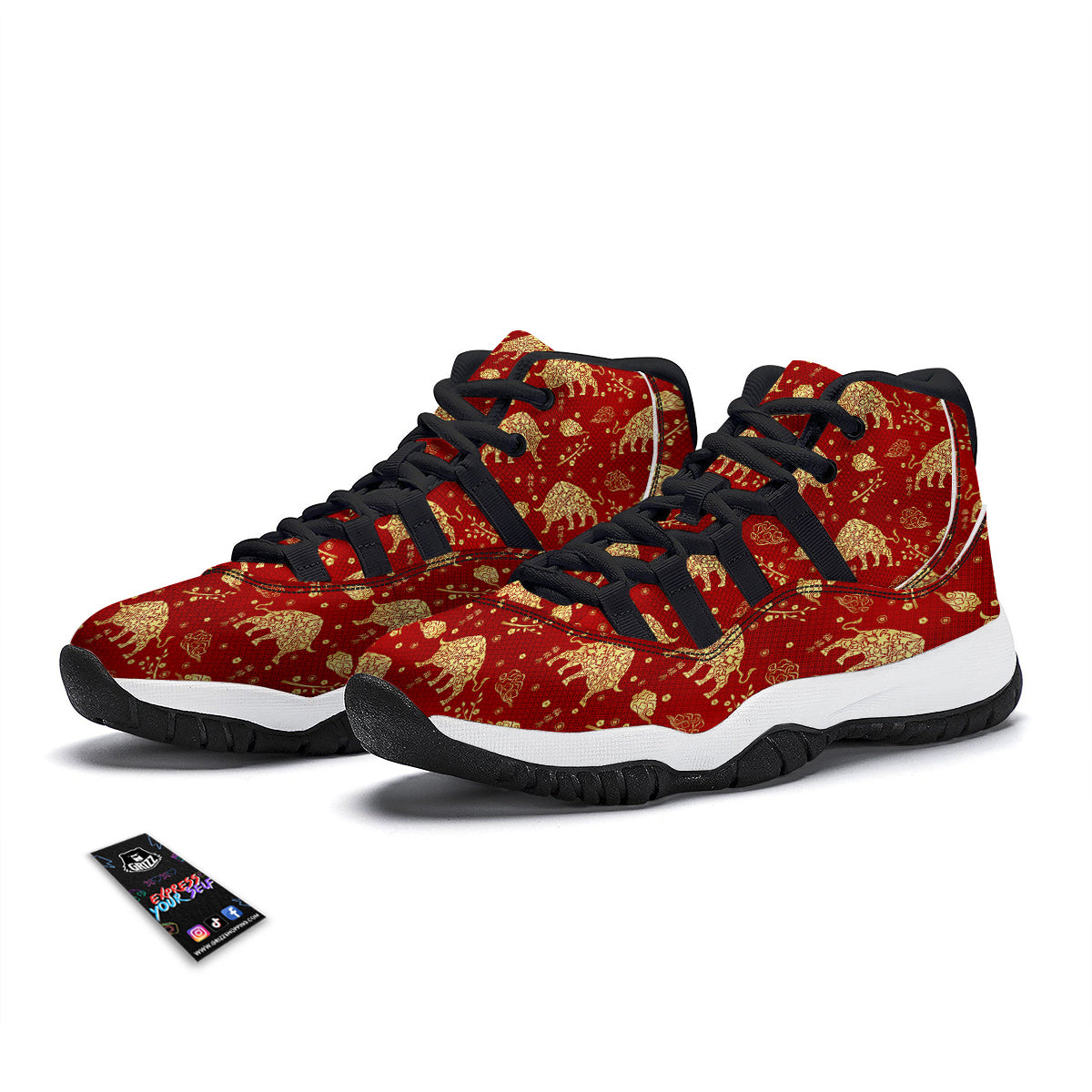 Ox Zodiac Chinese Flower Print Black Bball Shoes-grizzshop