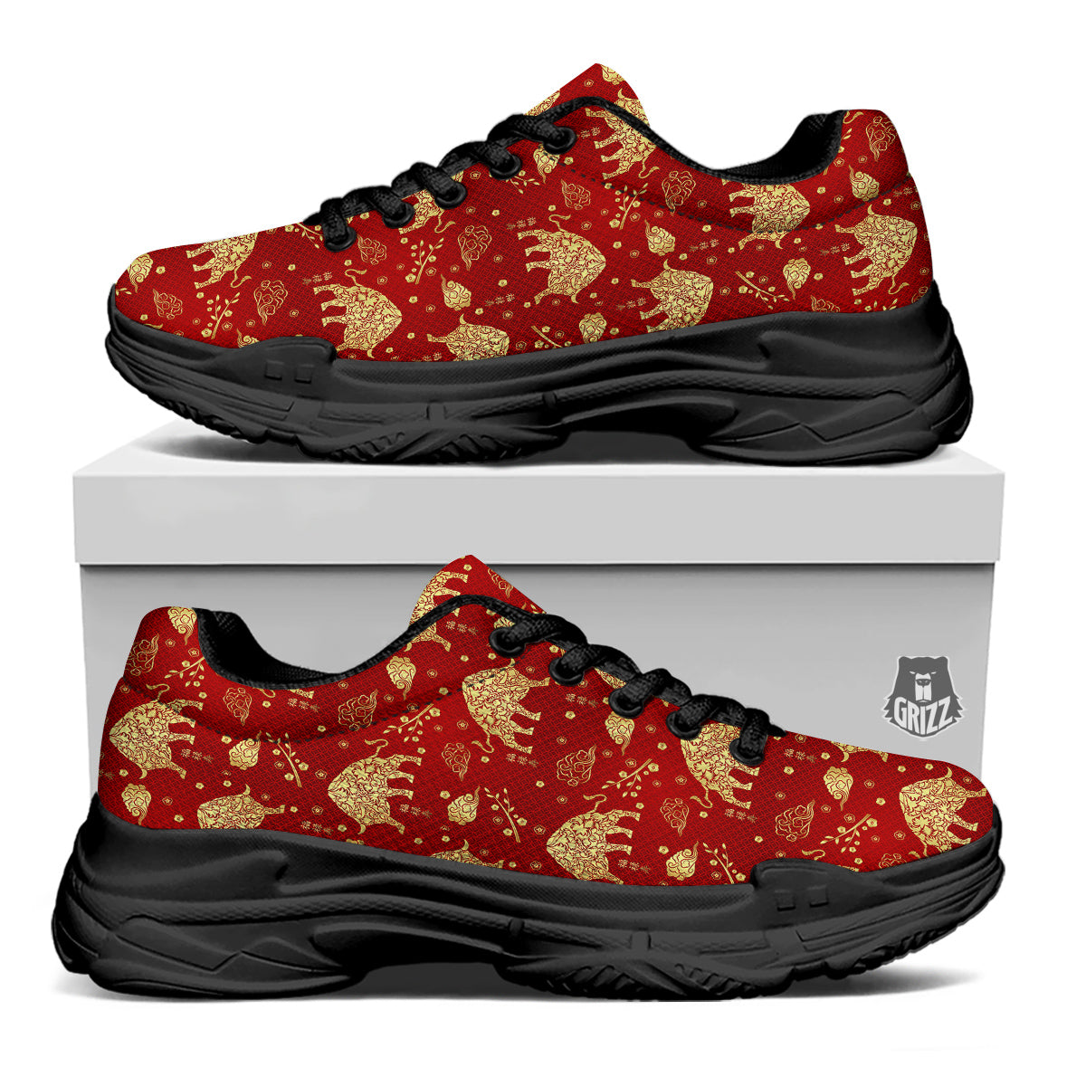 Ox Zodiac Chinese Flower Print Black Chunky Shoes-grizzshop