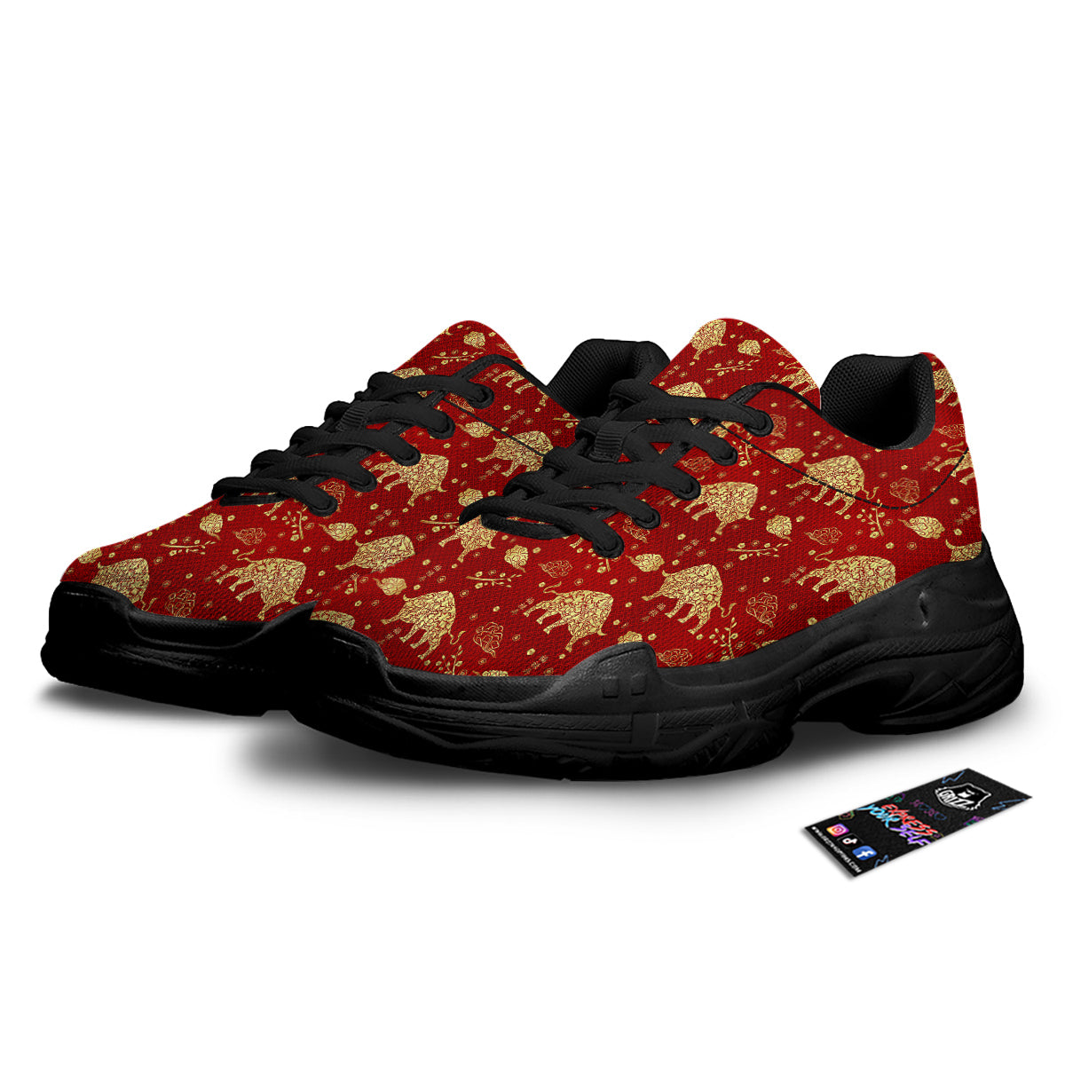 Ox Zodiac Chinese Flower Print Black Chunky Shoes-grizzshop