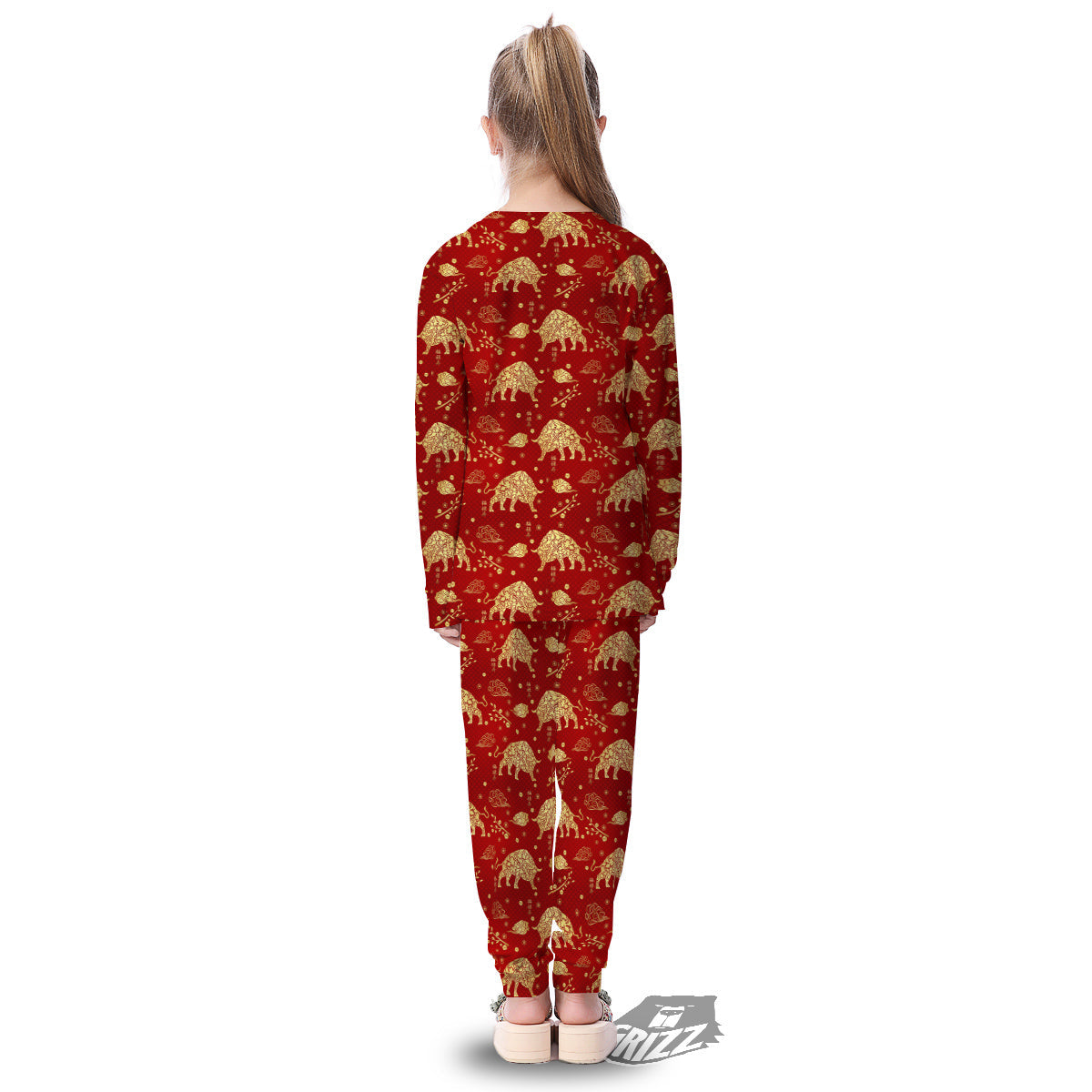 Ox Zodiac Chinese Flower Print Kid's Pajamas-grizzshop