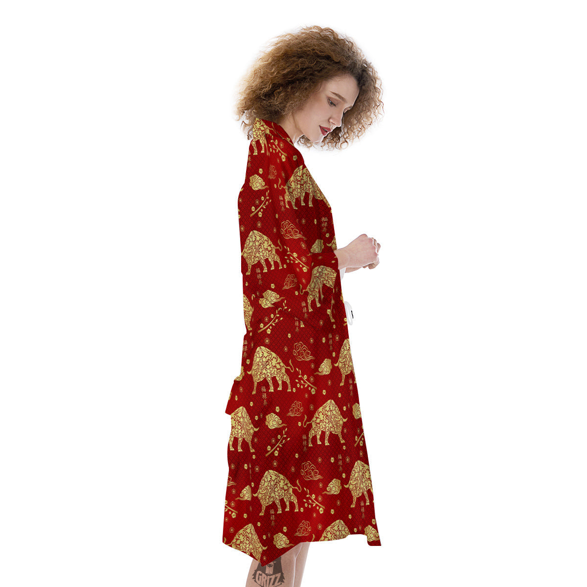 Ox Zodiac Chinese Flower Print Kimono-grizzshop