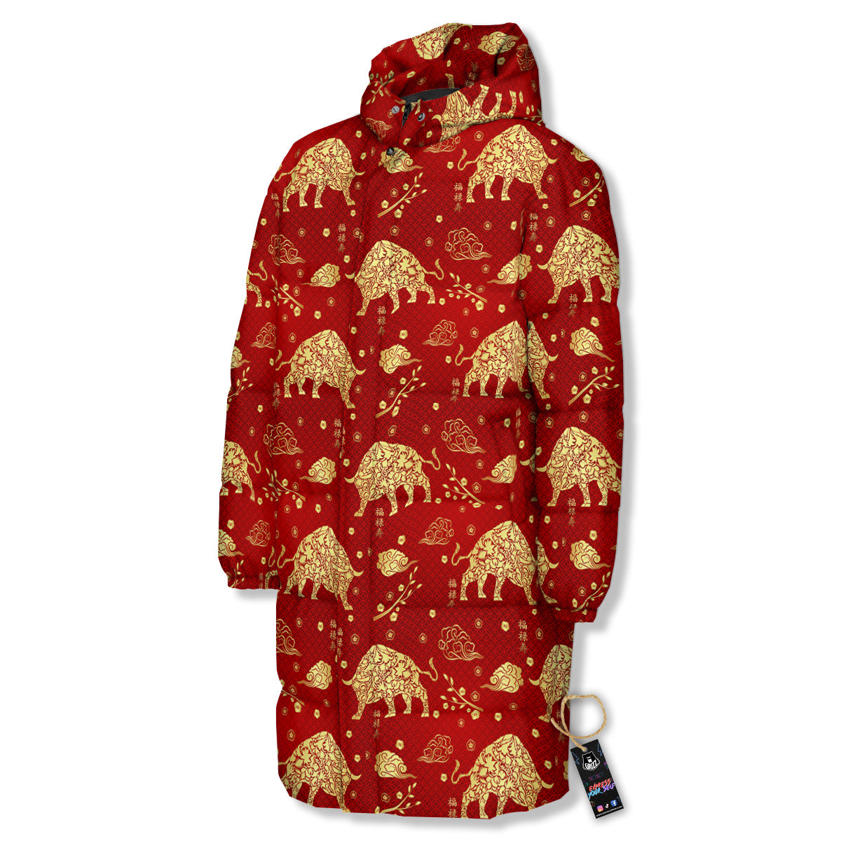 Ox Zodiac Chinese Flower Print Long Down Jacket-grizzshop