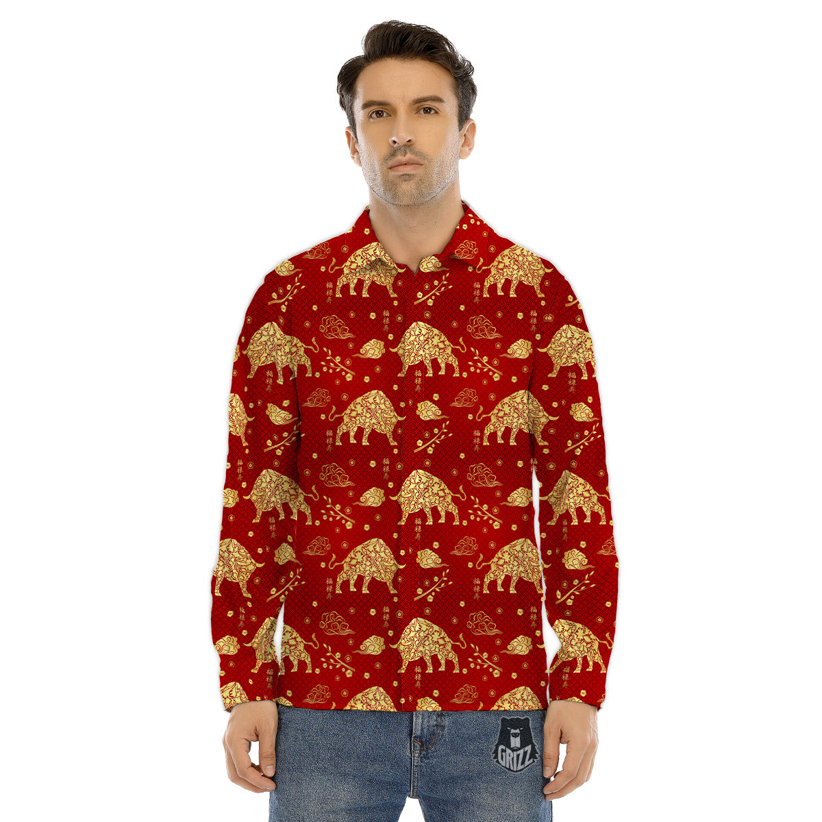 Ox Zodiac Chinese Flower Print Men's Dress Shirts-grizzshop