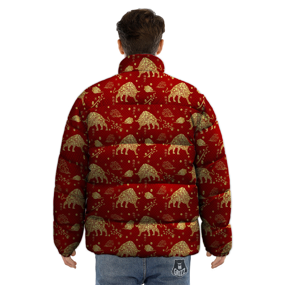 Ox Zodiac Chinese Flower Print Puffer Jacket-grizzshop