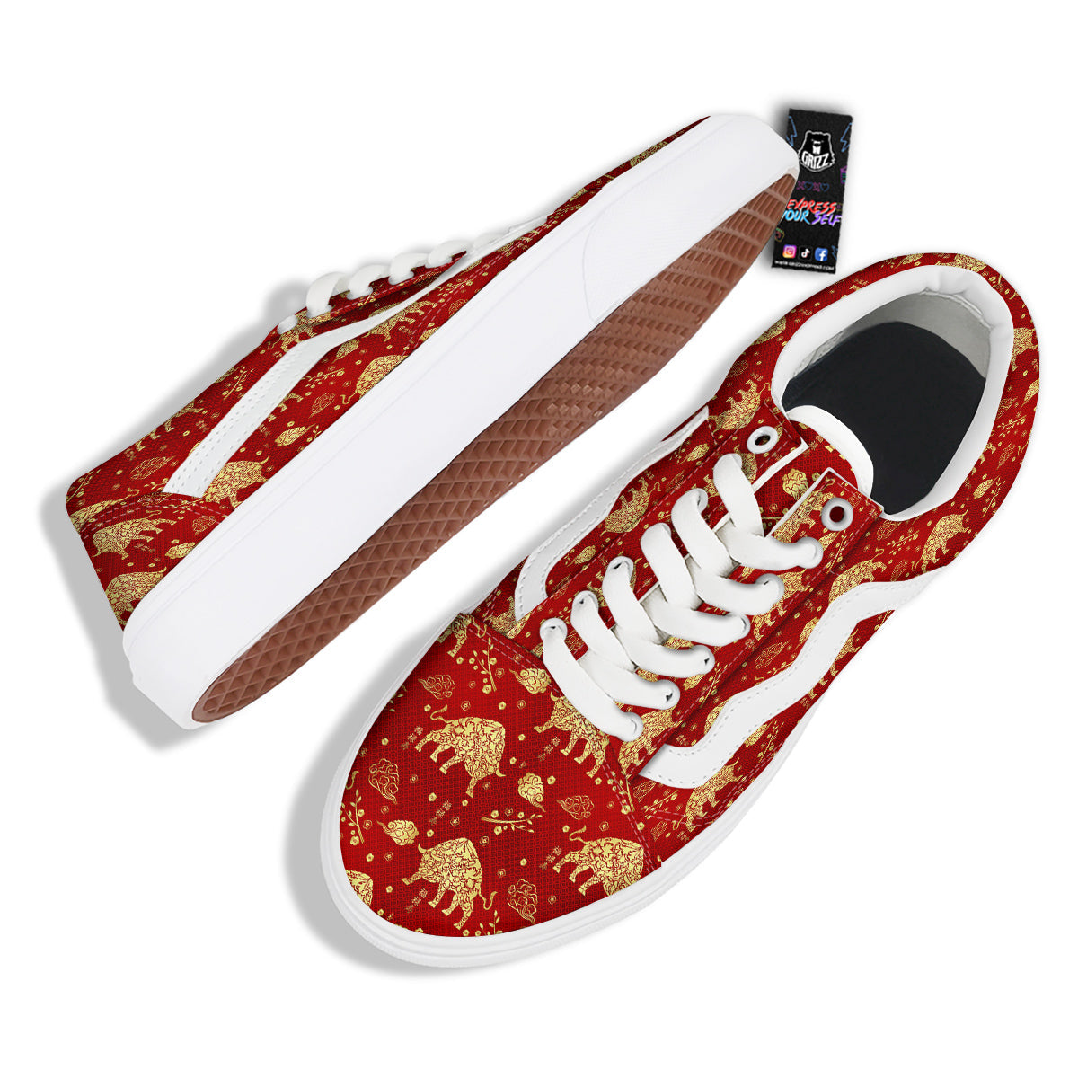 Ox Zodiac Chinese Flower Print Skate Shoes-grizzshop