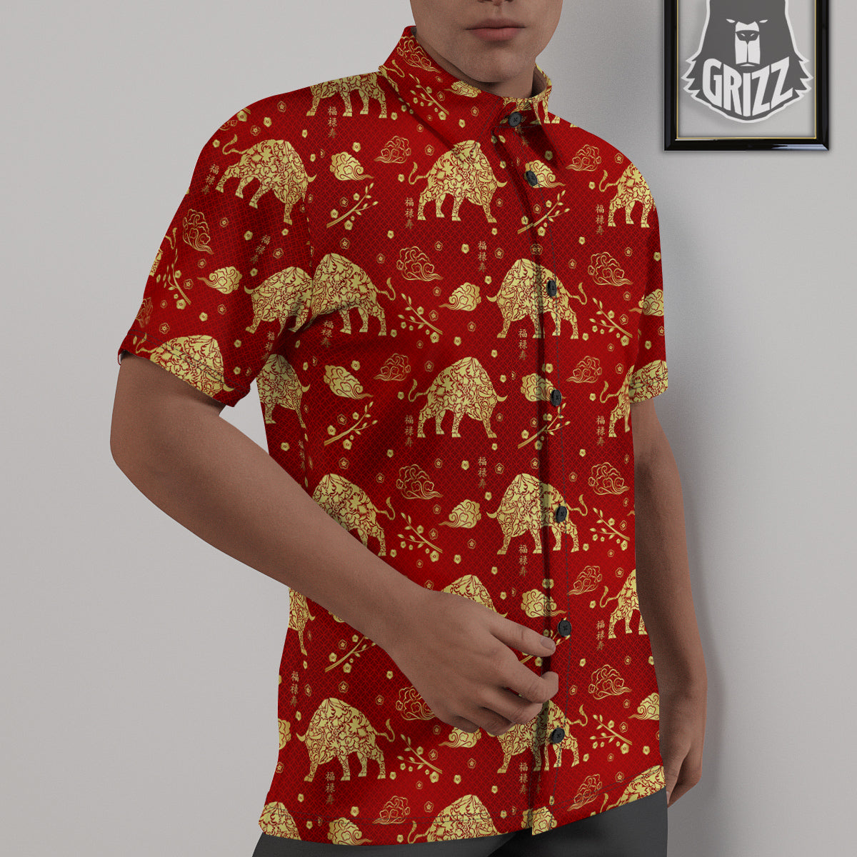 Ox Zodiac Chinese Flower Print Untucked Shirts-grizzshop