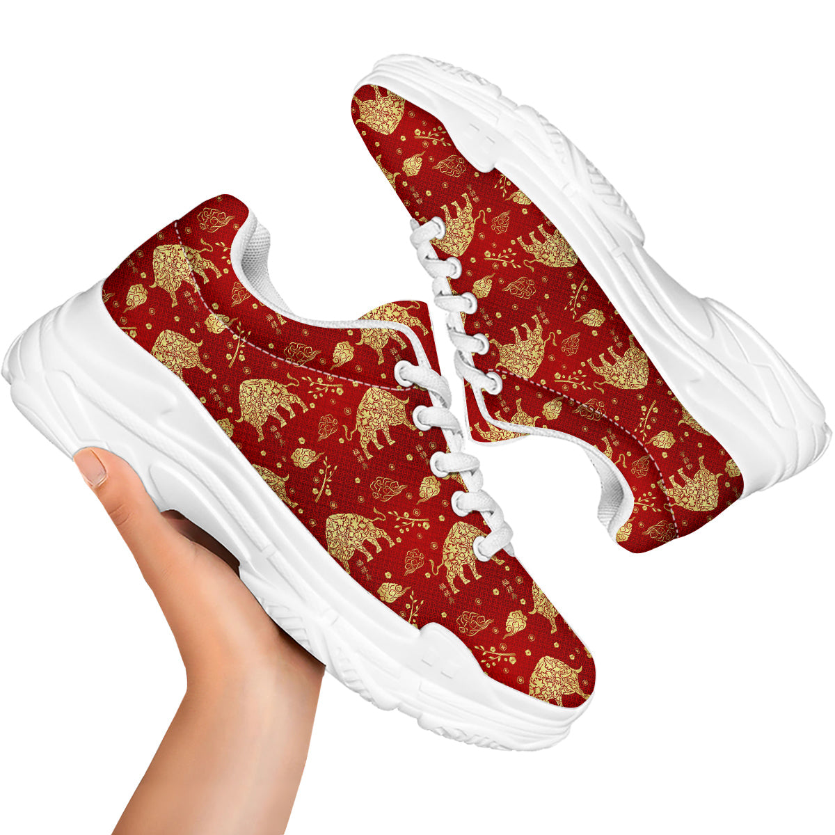 Ox Zodiac Chinese Flower Print White Chunky Shoes-grizzshop