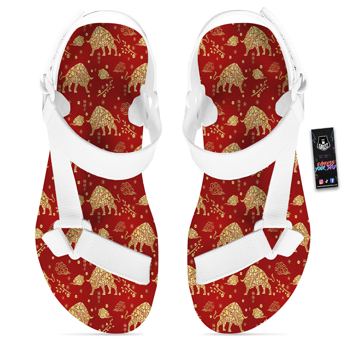 Ox Zodiac Chinese Flower Print White Open Toe Sandals-grizzshop