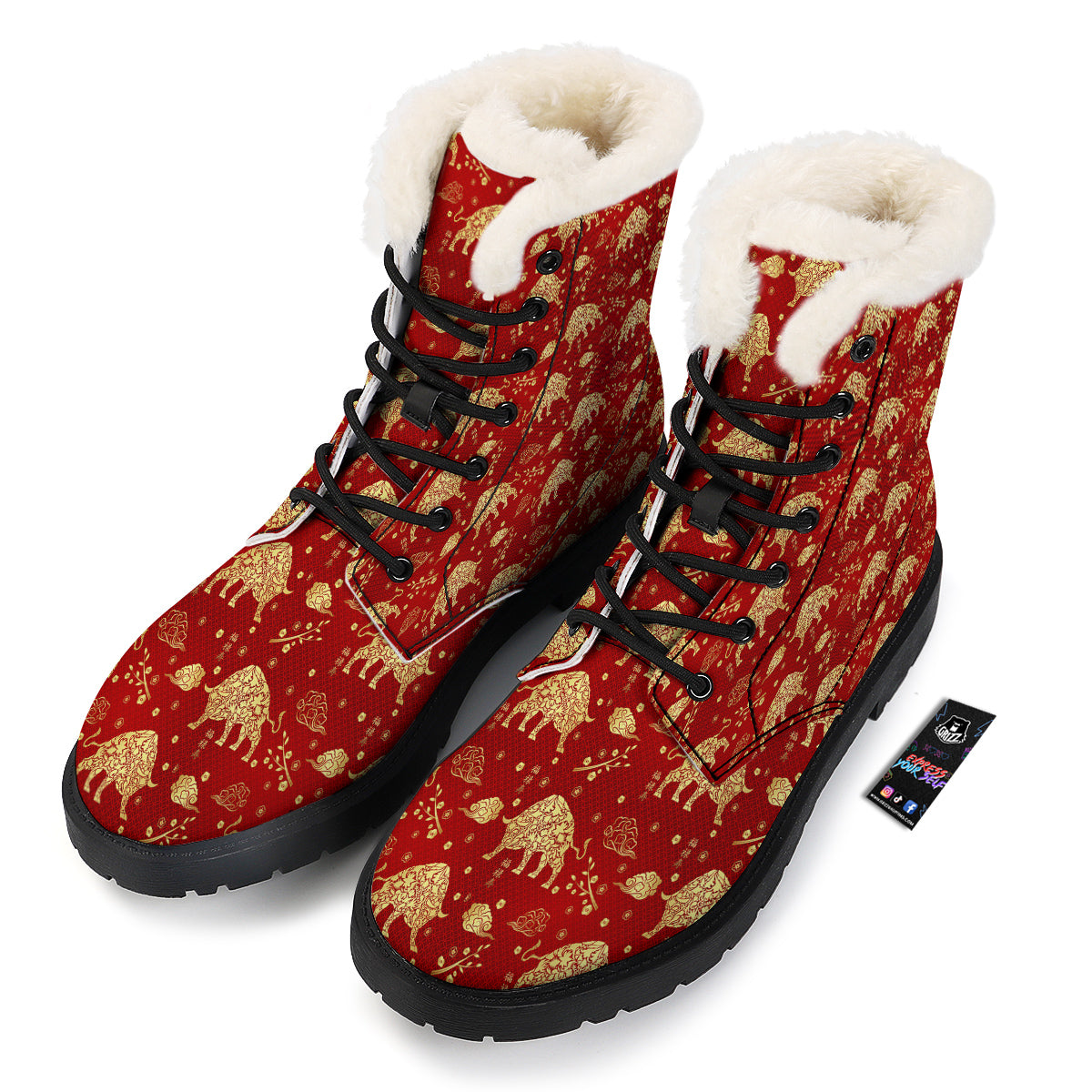 Ox Zodiac Chinese Flower Print Winter Boots-grizzshop