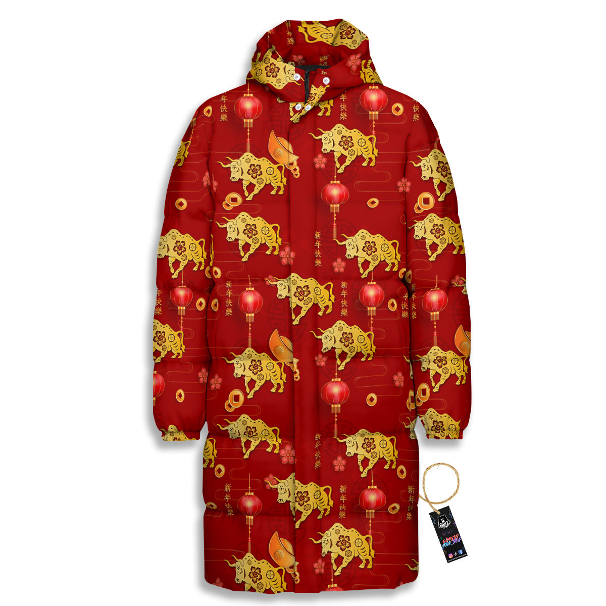 Ox And Chinese New Year Print Pattern Long Down Jacket