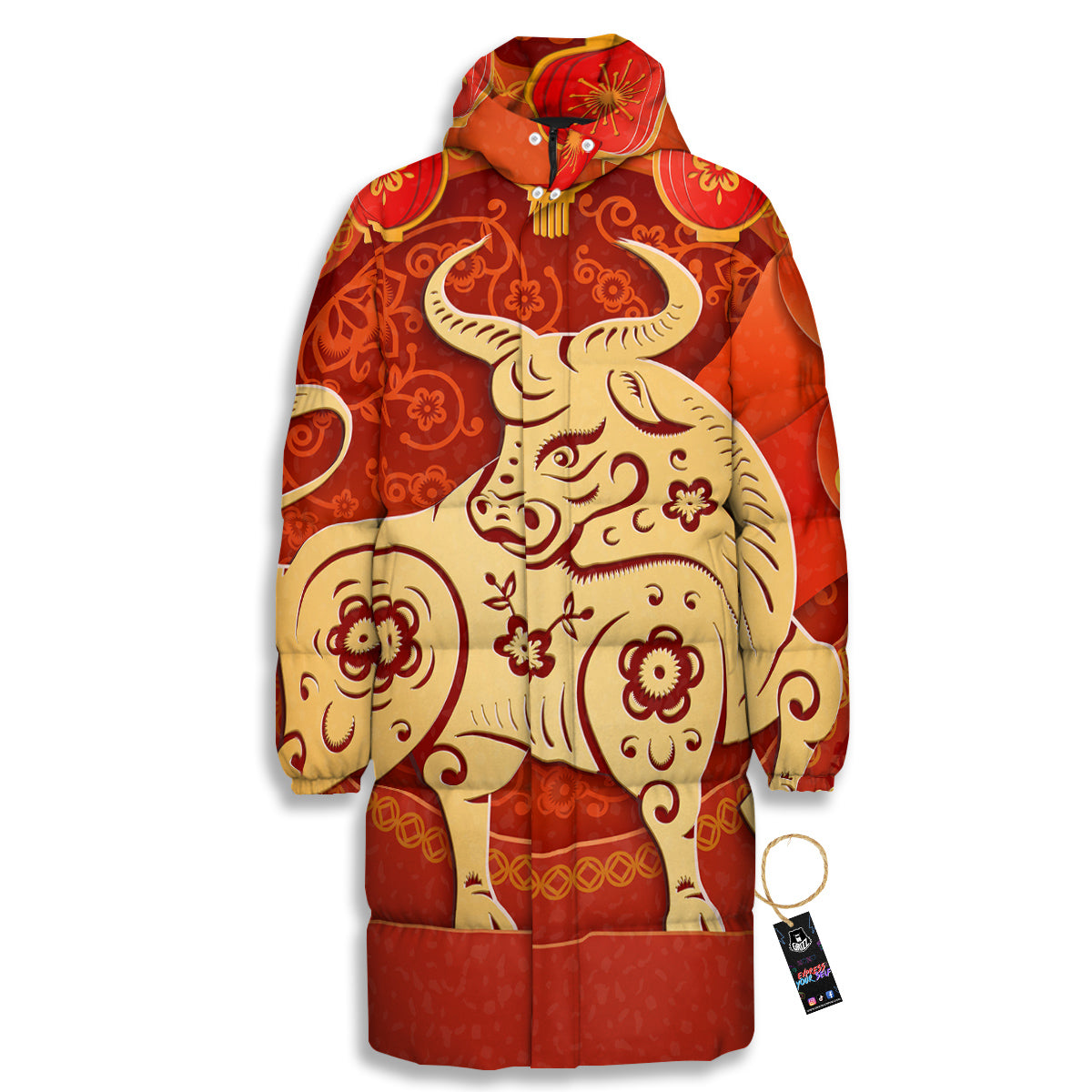Ox Sign Chinese Horoscope Print Long Down Jacket