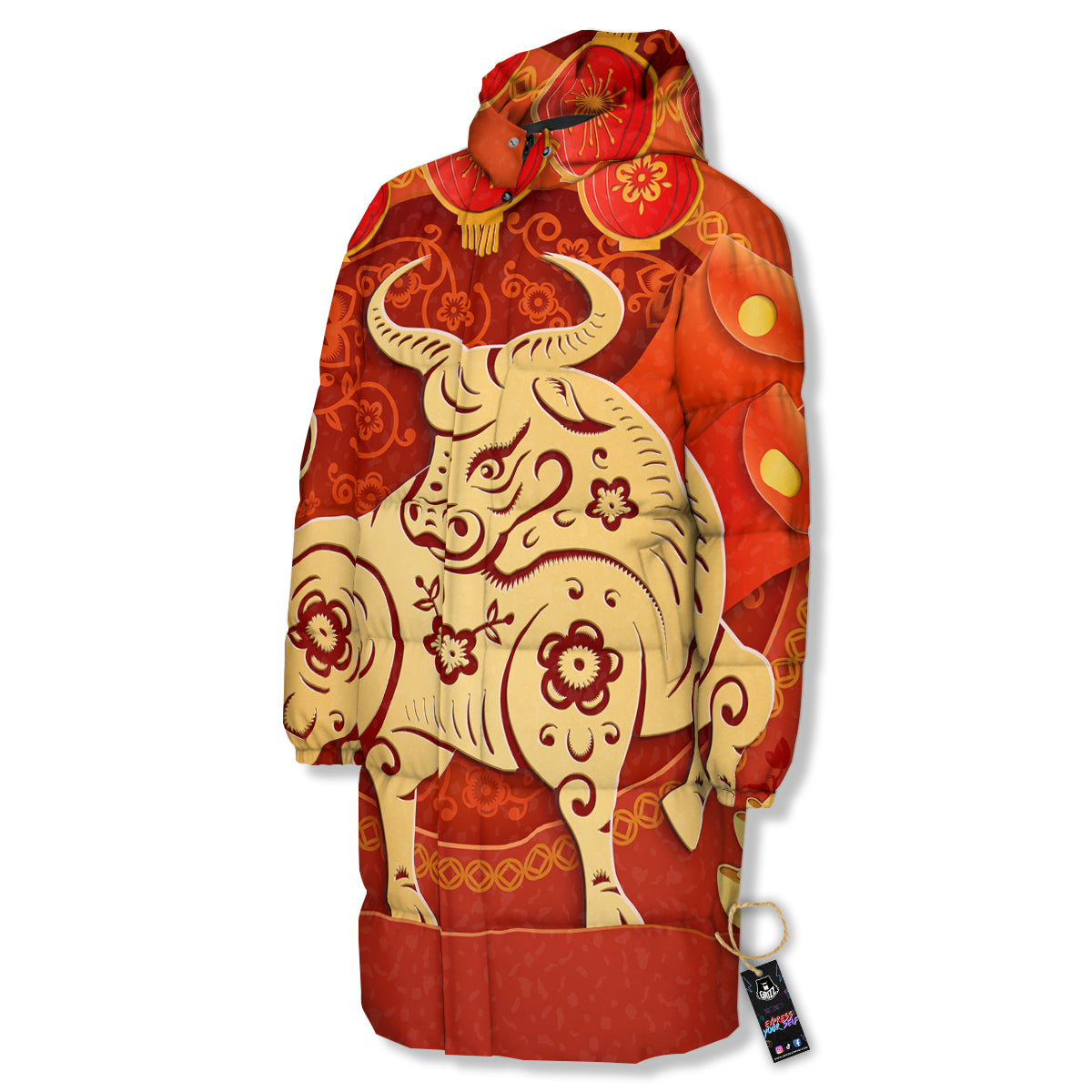 Ox Sign Chinese Horoscope Print Long Down Jacket