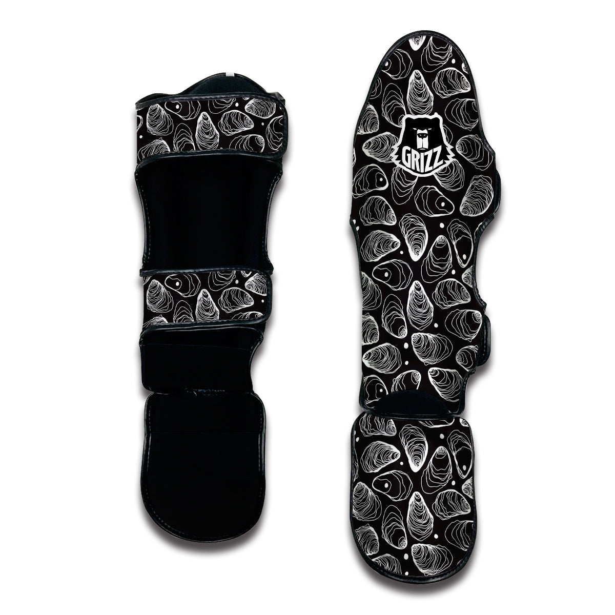 Oyster Hand Drawn Black White Print Pattern Muay Thai Shin Guards-grizzshop