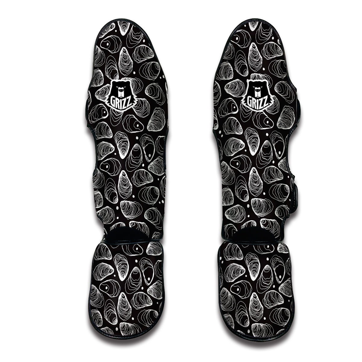 Oyster Hand Drawn Black White Print Pattern Muay Thai Shin Guards-grizzshop