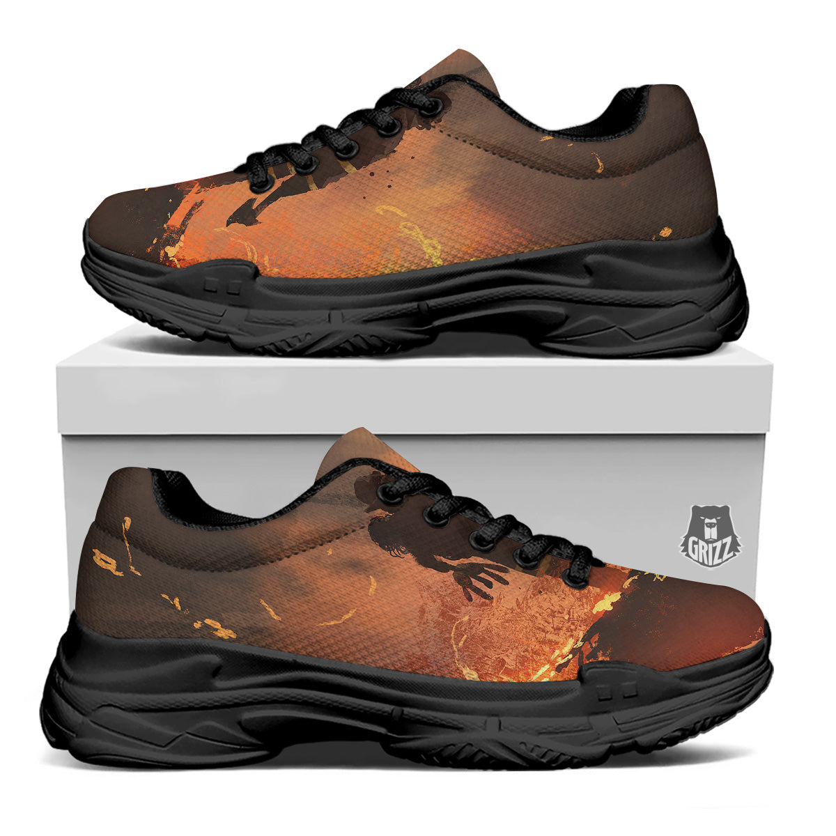 Painting Brave Firefighter Print Black Chunky Shoes-grizzshop