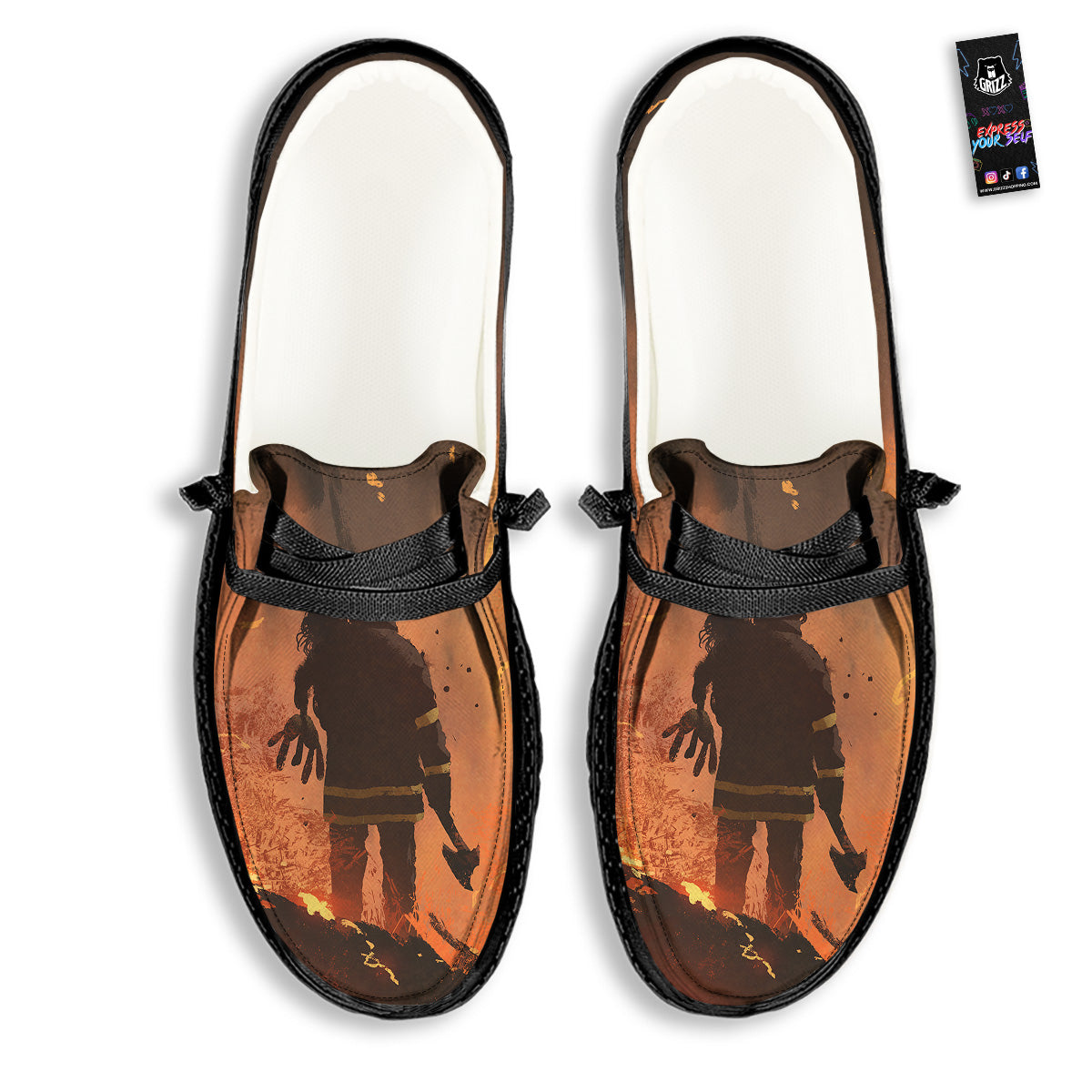 Painting Brave Firefighter Print Black Loafers-grizzshop