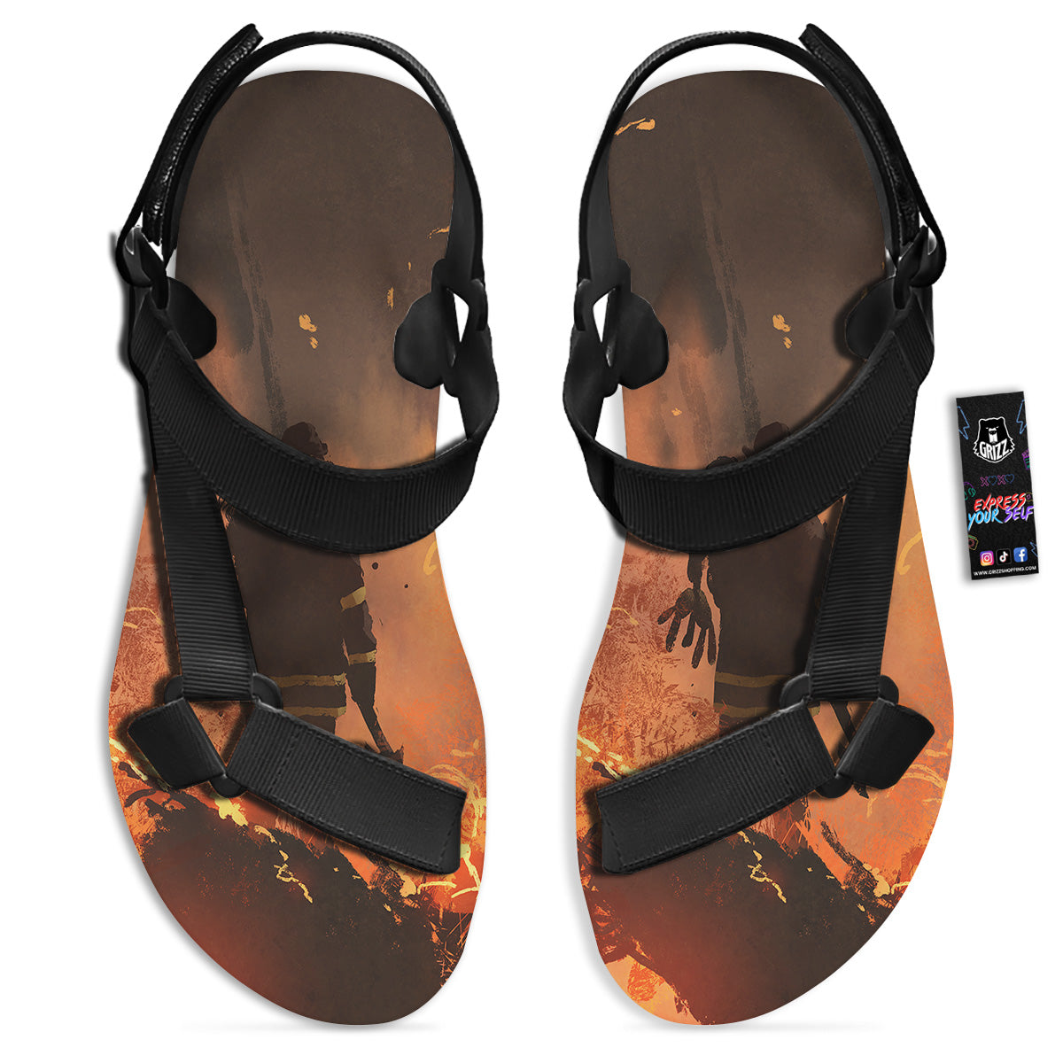 Painting Brave Firefighter Print Black Open Toe Sandals-grizzshop