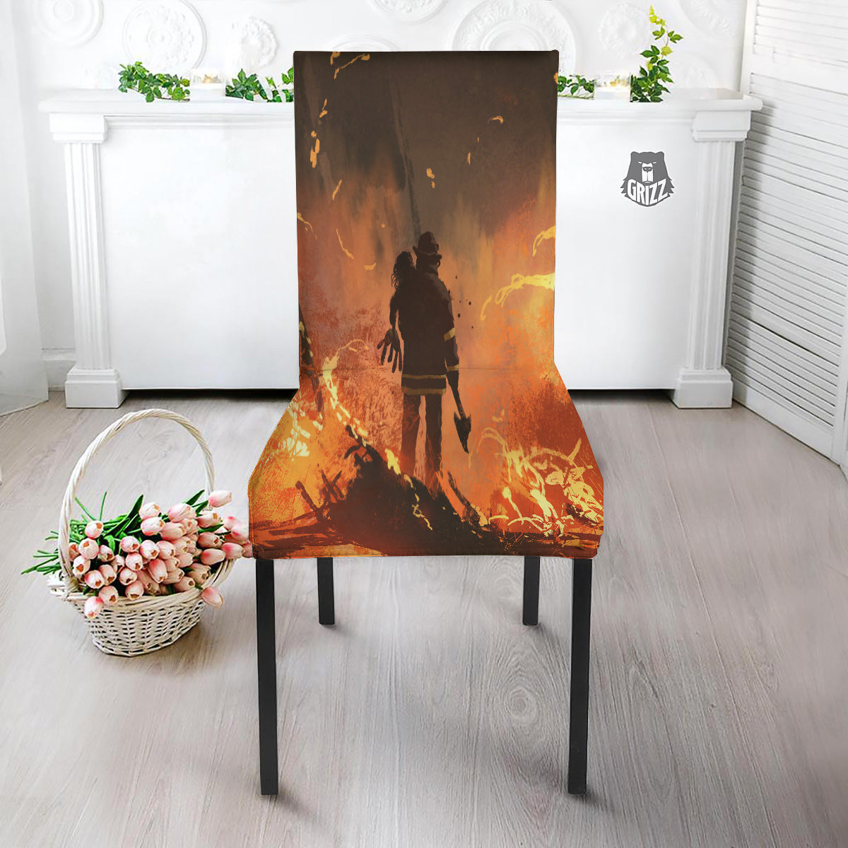 Painting Brave Firefighter Print Dining Chair Slipcover-grizzshop