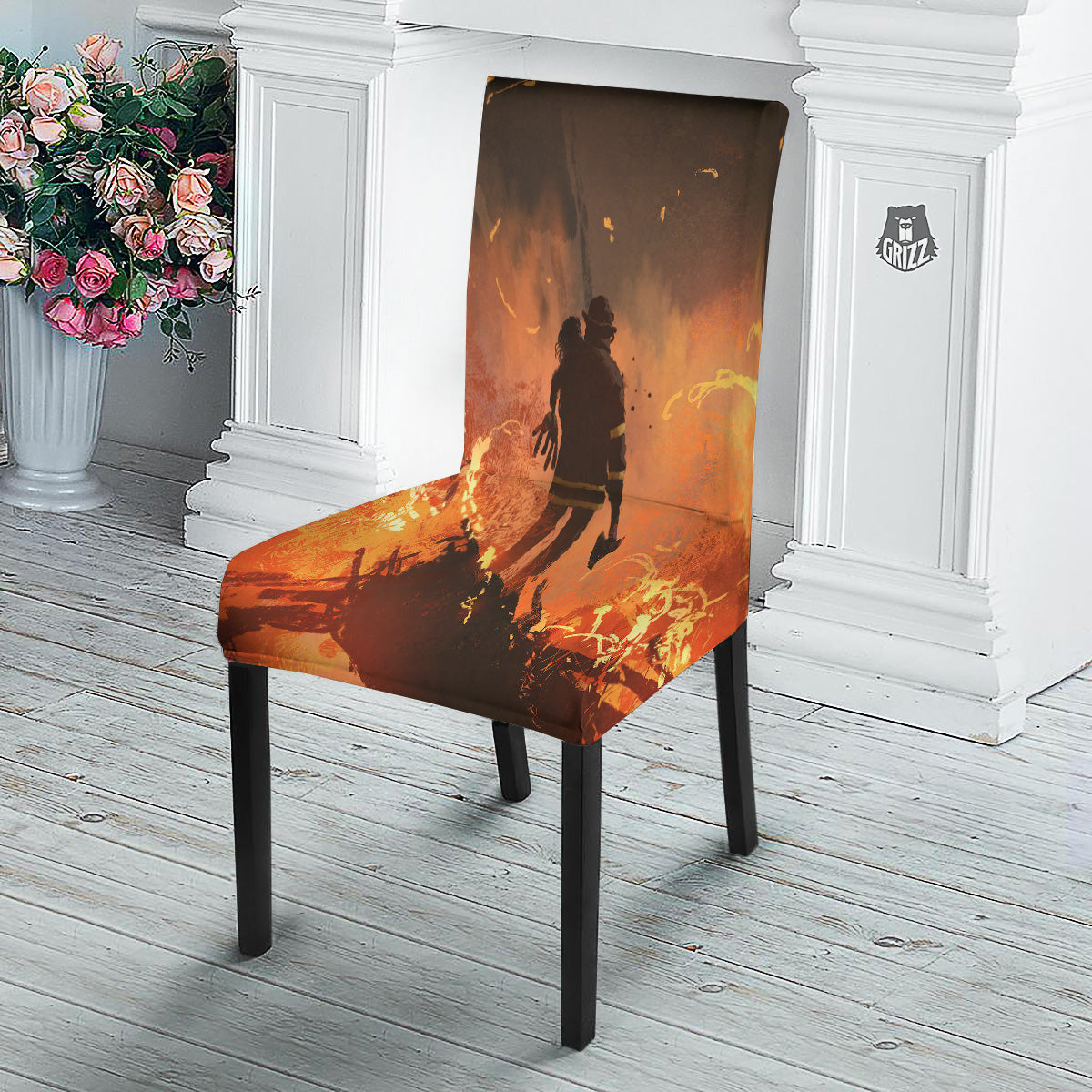 Painting Brave Firefighter Print Dining Chair Slipcover-grizzshop