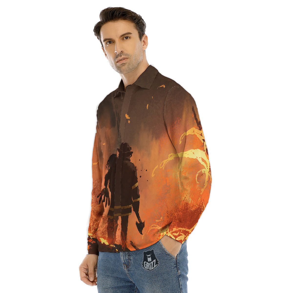 Painting Brave Firefighter Print Men's Dress Shirts-grizzshop