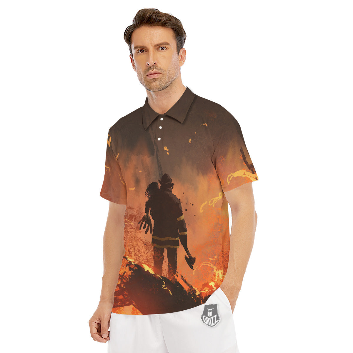 Painting Brave Firefighter Print Men's Golf Shirts-grizzshop