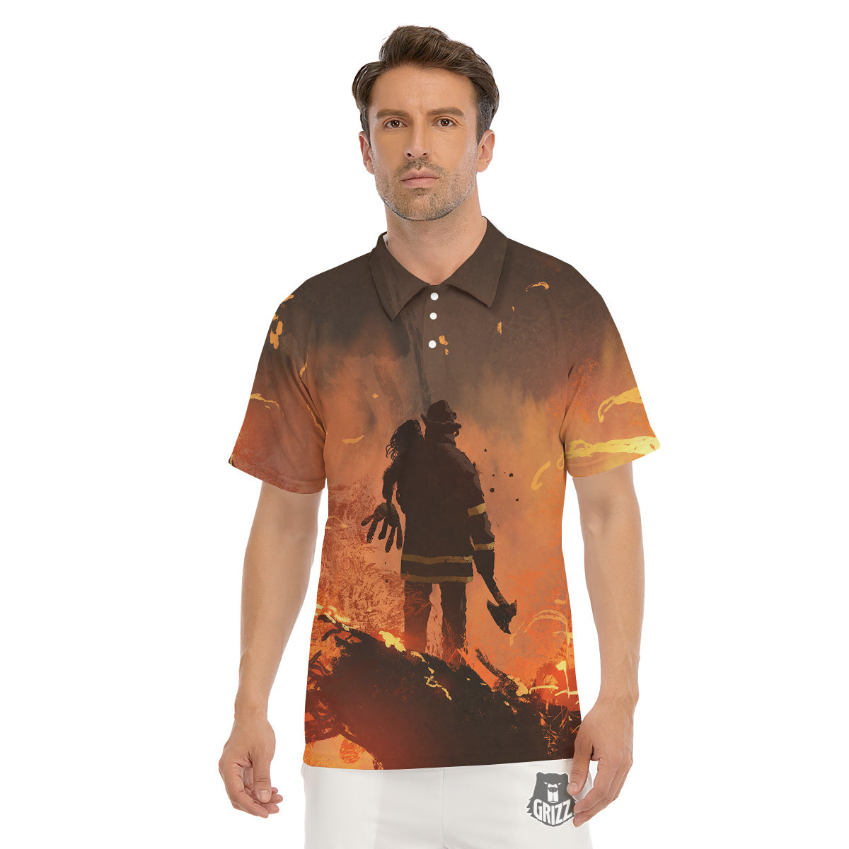 Painting Brave Firefighter Print Men's Golf Shirts-grizzshop