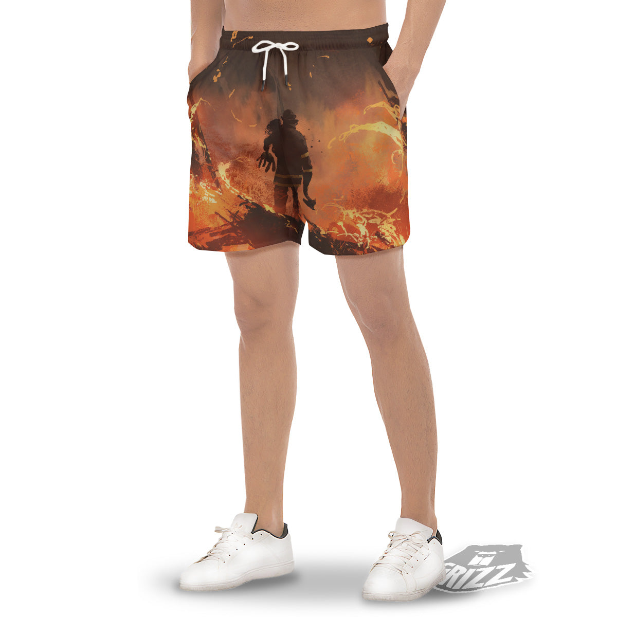 Painting Brave Firefighter Print Men's Gym Shorts-grizzshop