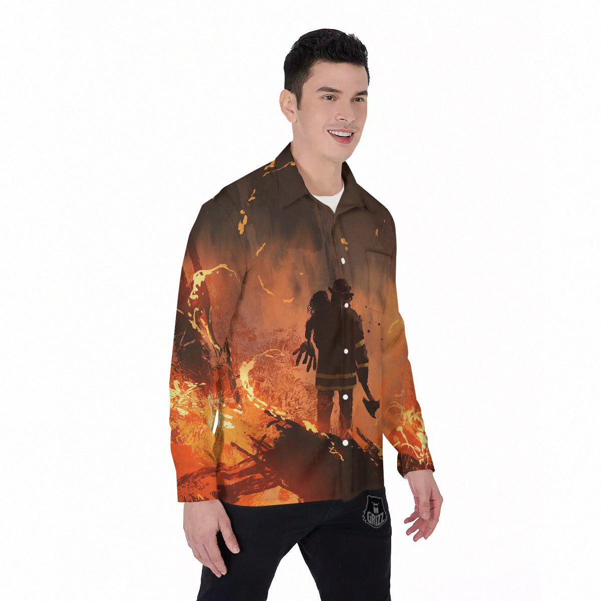 Painting Brave Firefighter Print Men's Long Sleeve Shirts-grizzshop