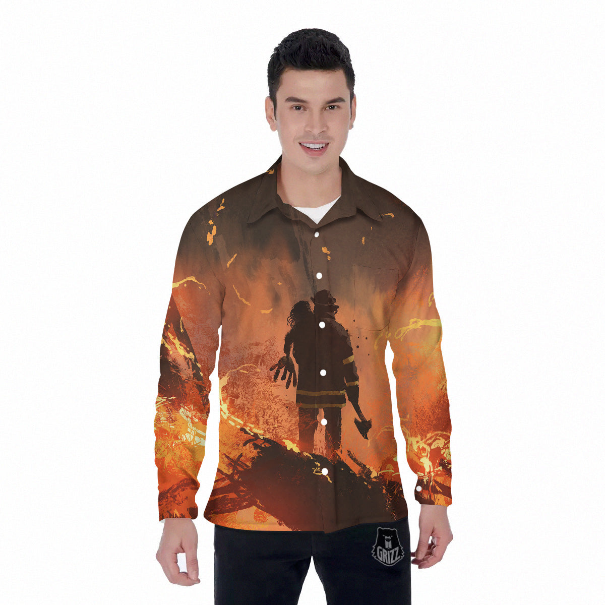 Painting Brave Firefighter Print Men's Long Sleeve Shirts-grizzshop