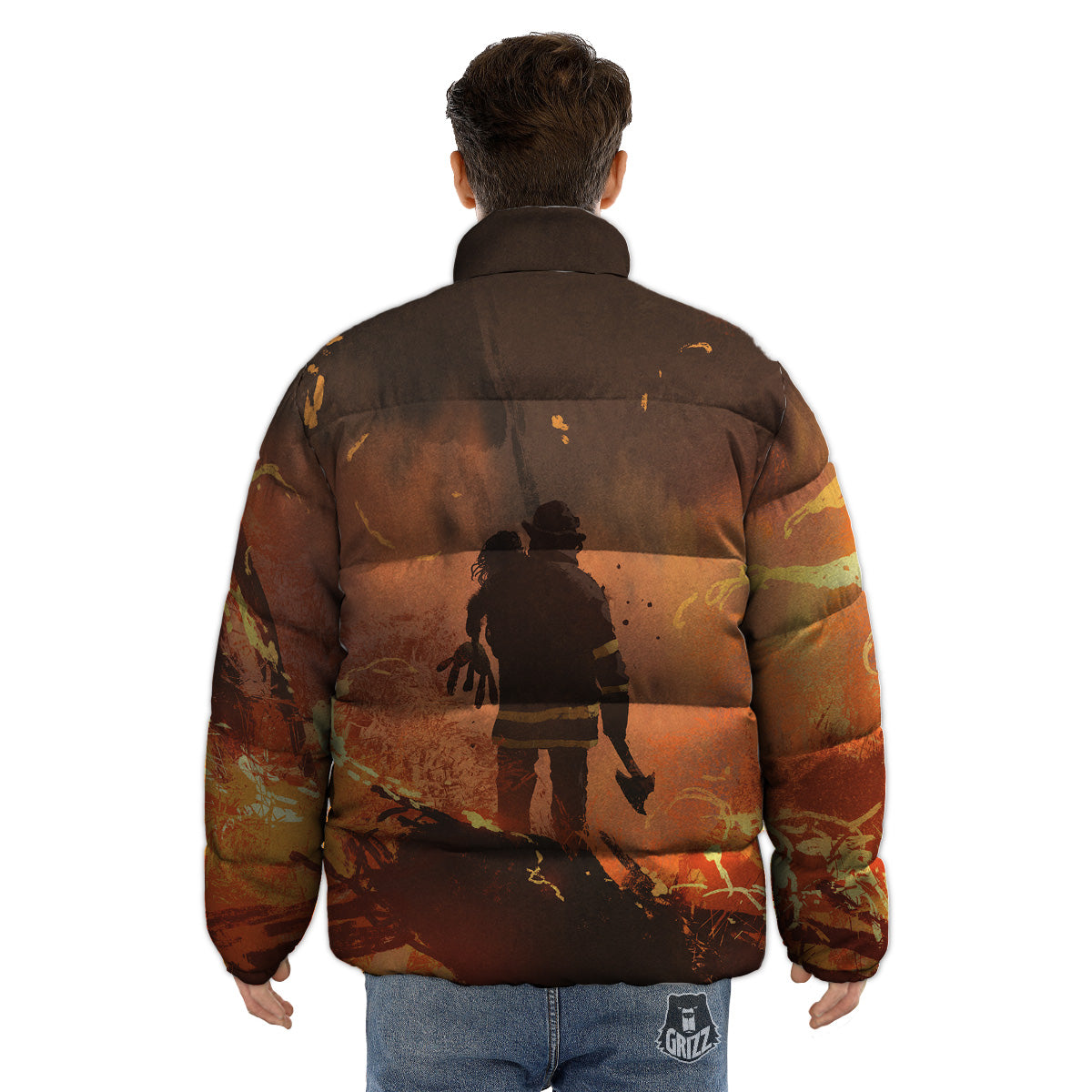 Painting Brave Firefighter Print Puffer Jacket-grizzshop