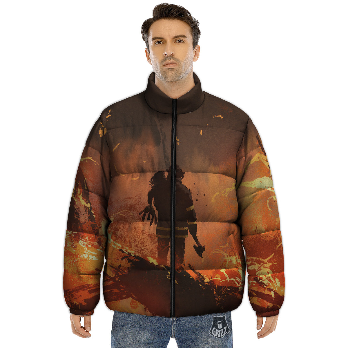 Painting Brave Firefighter Print Puffer Jacket-grizzshop