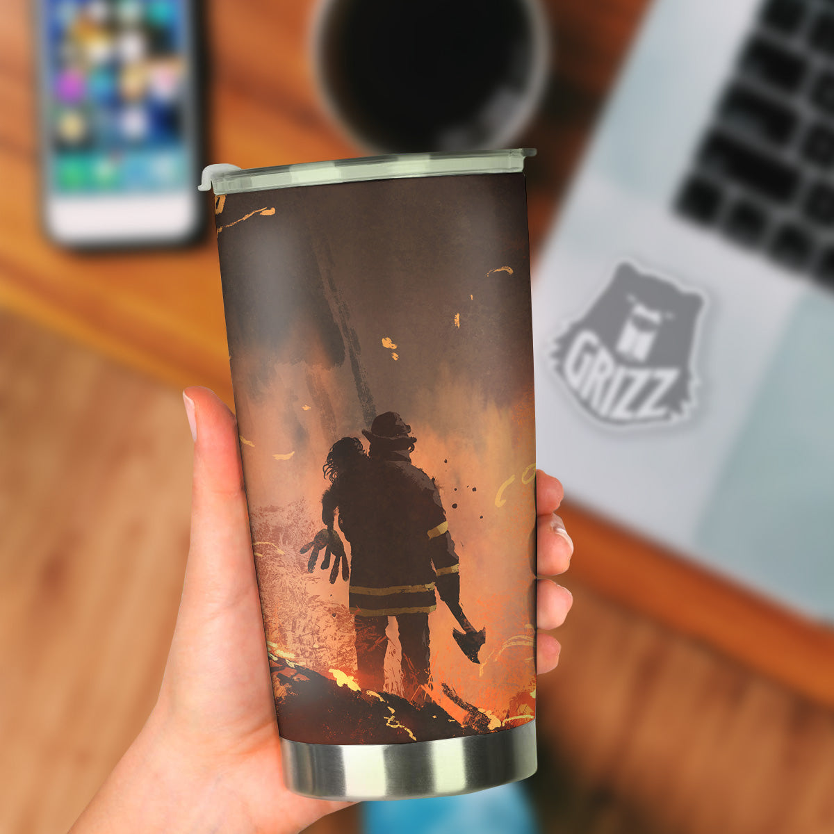 Painting Brave Firefighter Print Tumbler-grizzshop