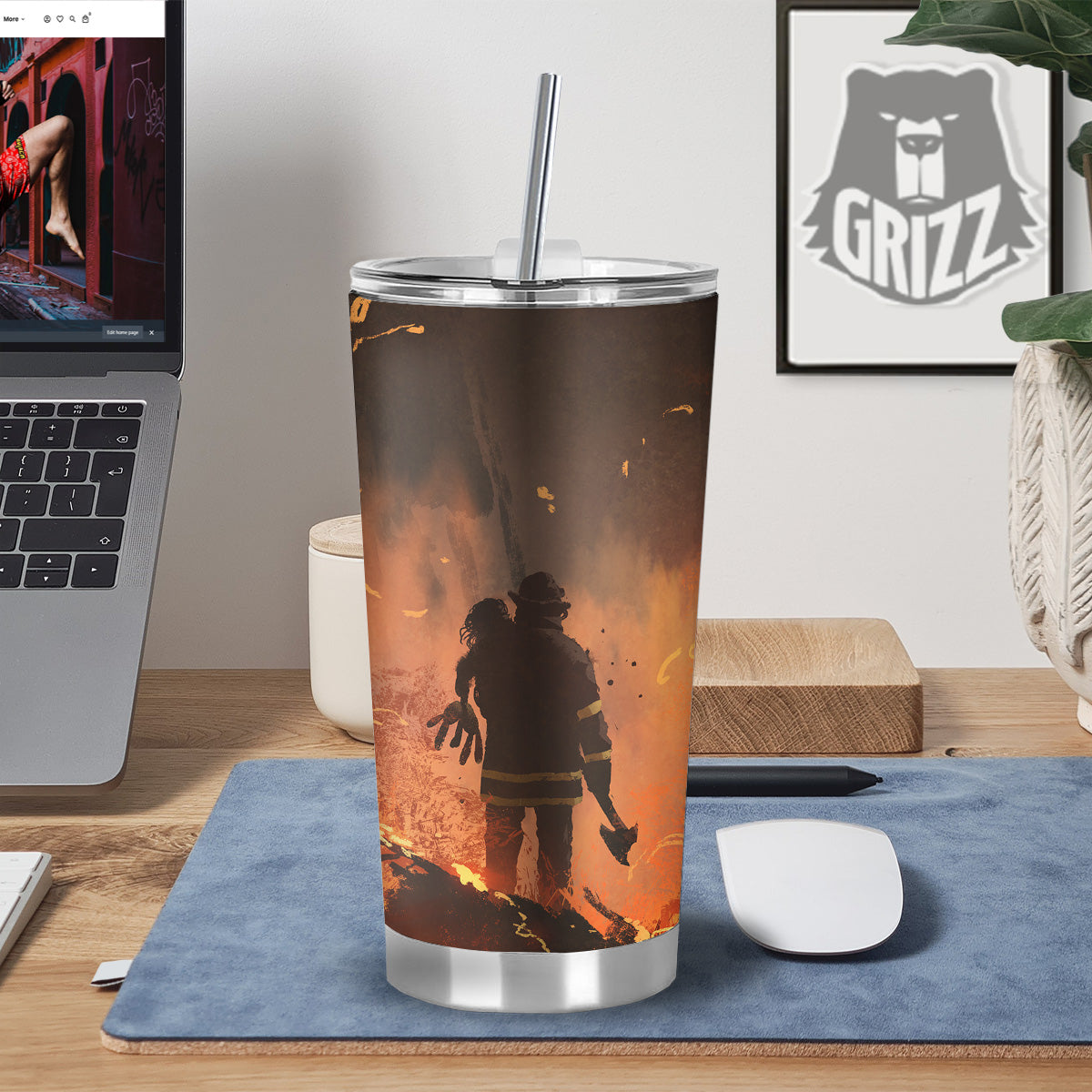 Painting Brave Firefighter Print Tumbler-grizzshop