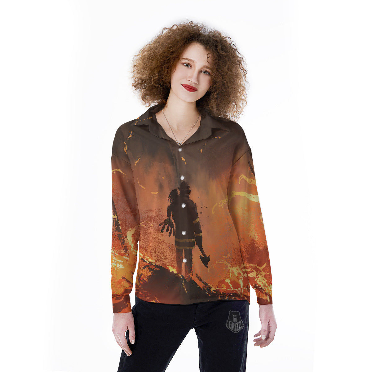 Painting Brave Firefighter Print Women's Long Sleeve Shirts-grizzshop
