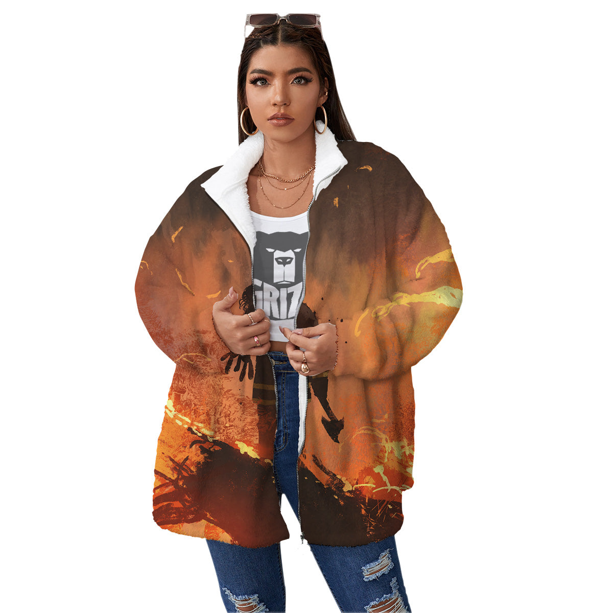 Painting Brave Firefighter Print Women's Sherpa Jacket-grizzshop