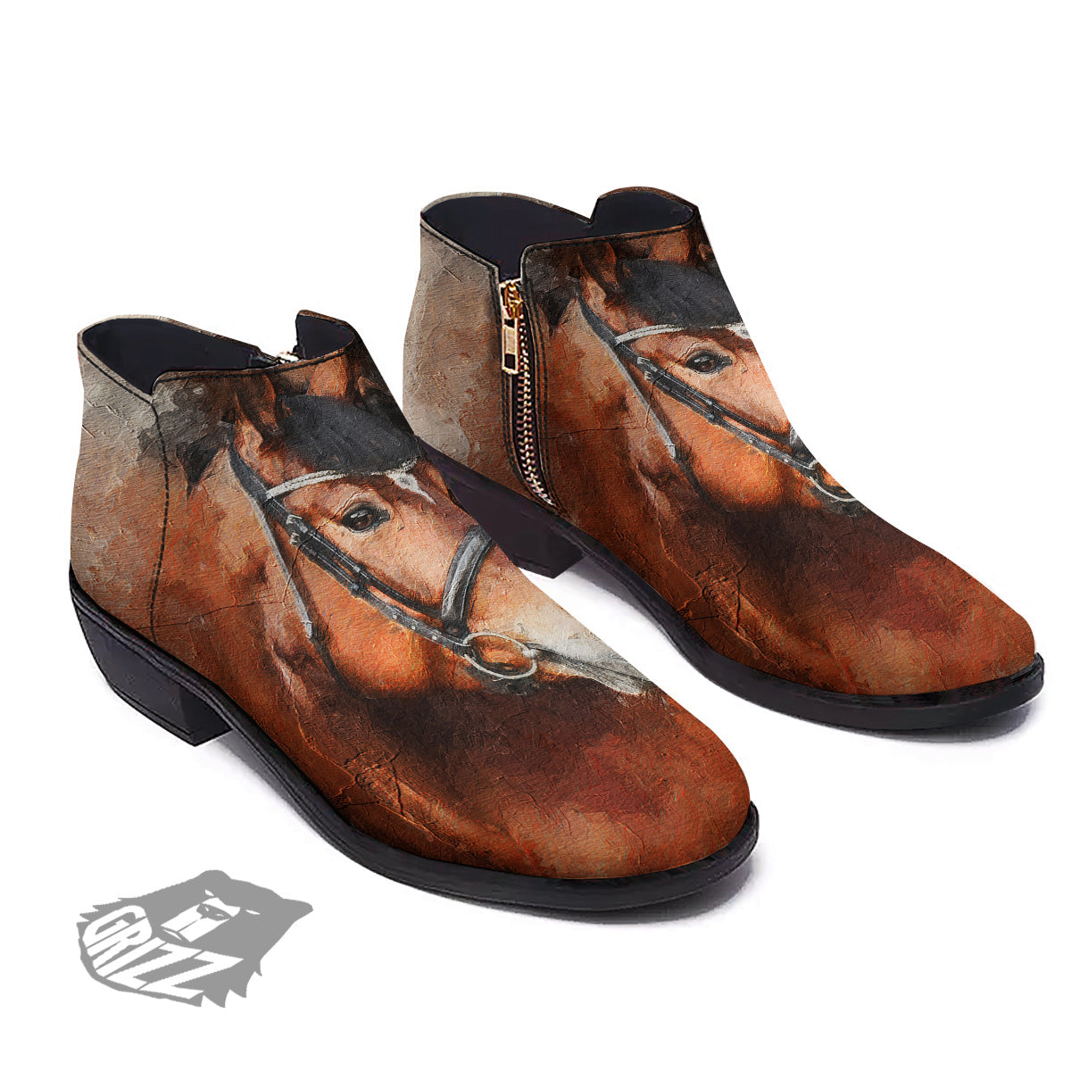 Painting Brown Horse Print Ankle Boots-grizzshop