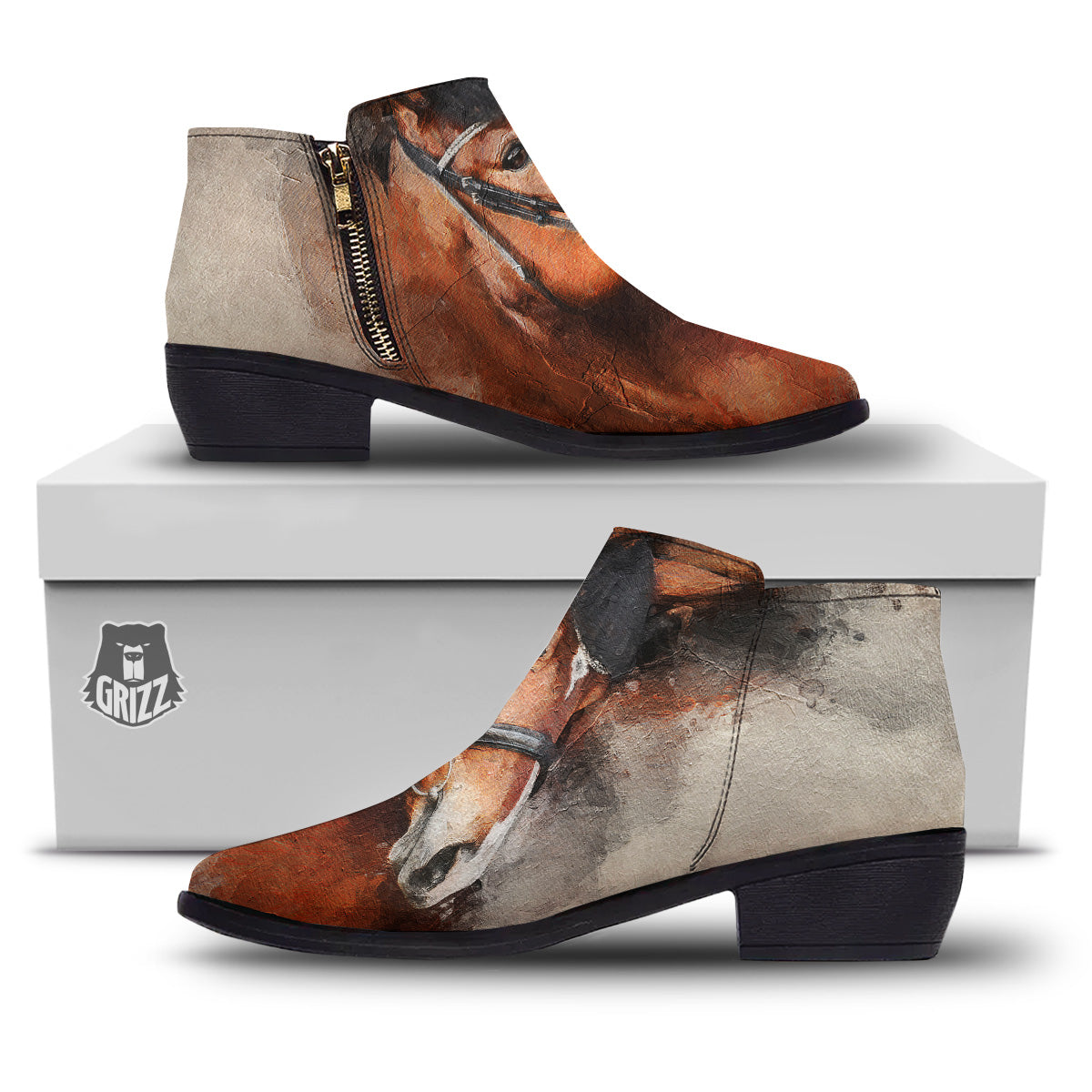 Painting Brown Horse Print Ankle Boots-grizzshop