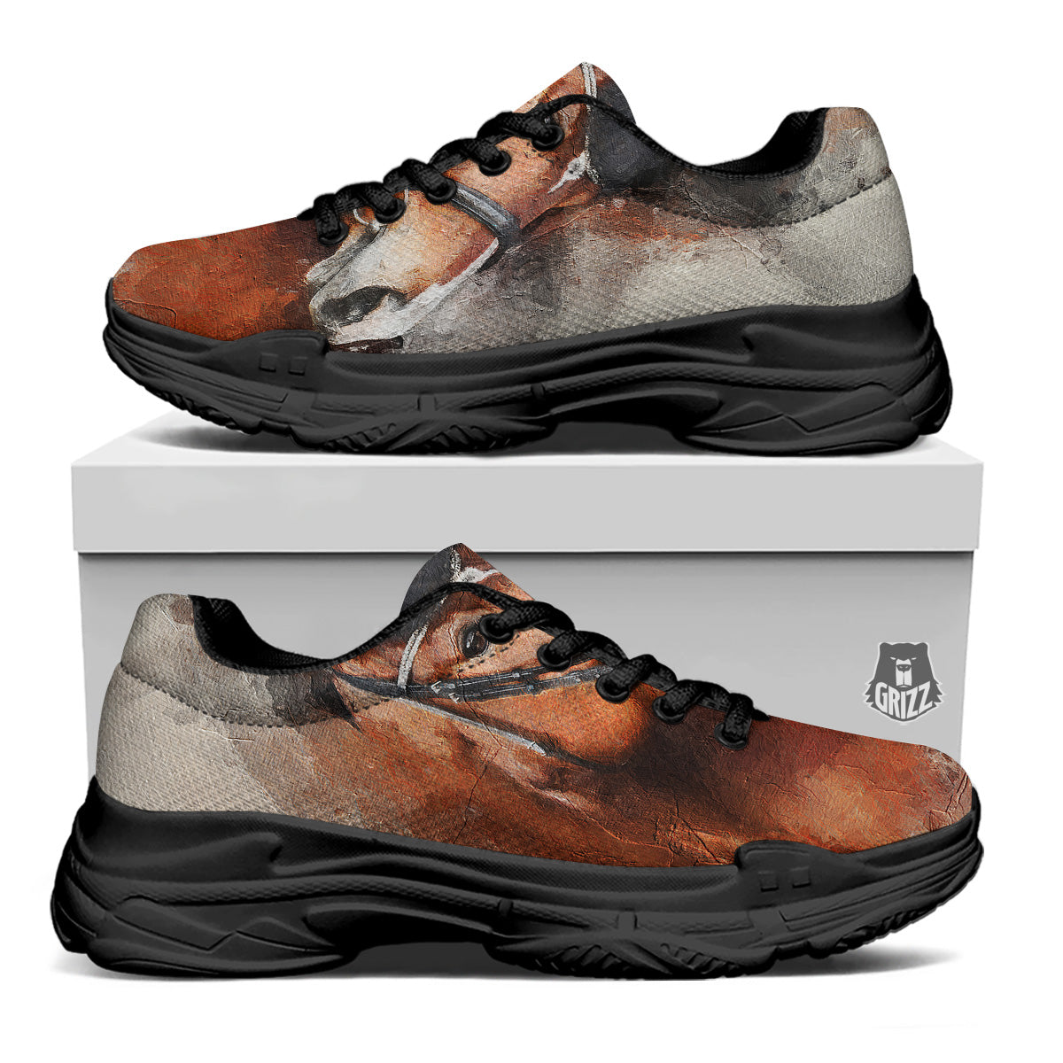 Painting Brown Horse Print Black Chunky Shoes-grizzshop