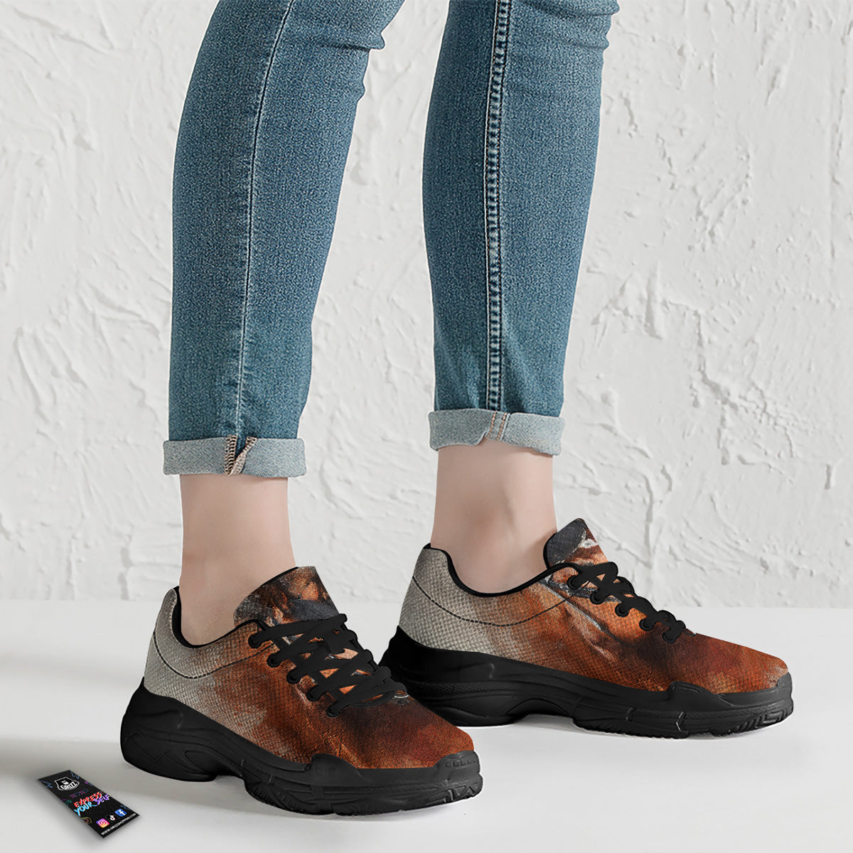 Painting Brown Horse Print Black Chunky Shoes-grizzshop