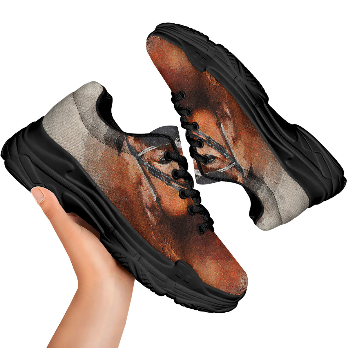 Painting Brown Horse Print Black Chunky Shoes-grizzshop