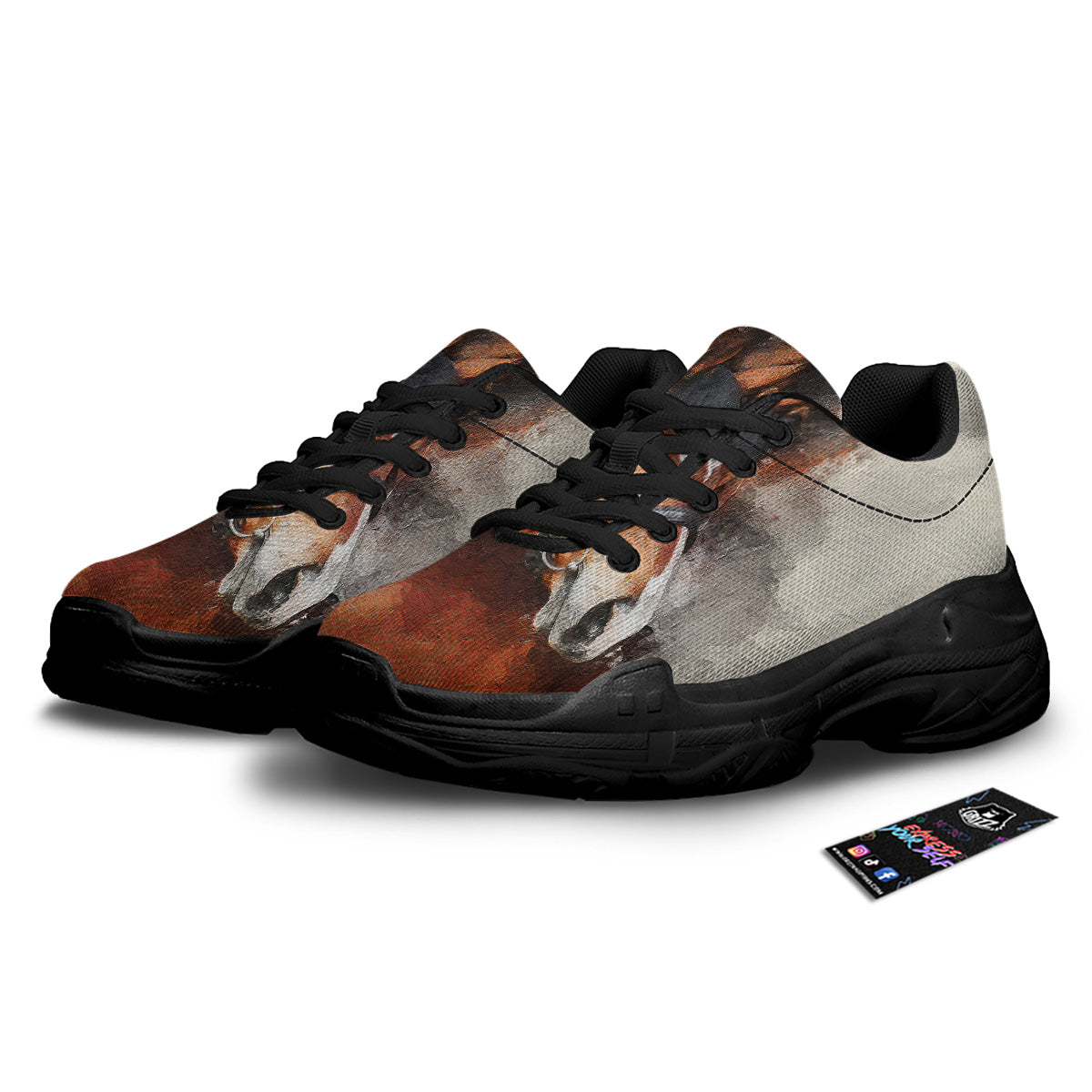 Painting Brown Horse Print Black Chunky Shoes-grizzshop