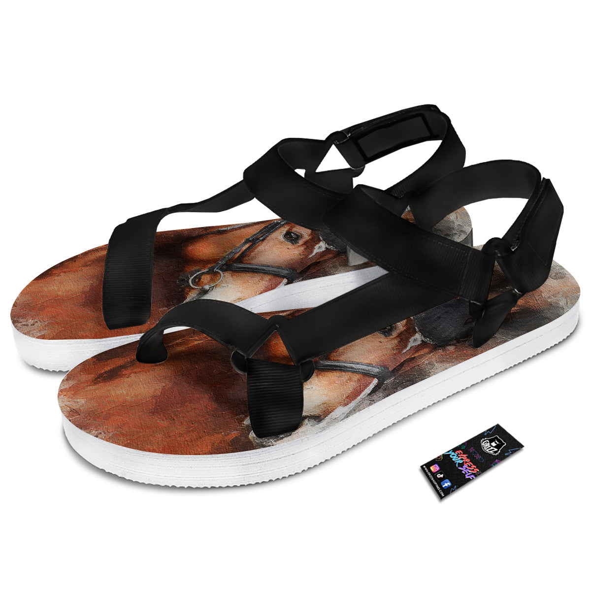 Painting Brown Horse Print Black Open Toe Sandals-grizzshop