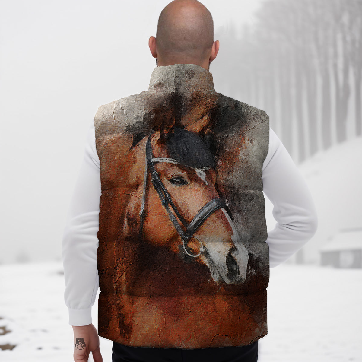Painting Brown Horse Print Down Vest