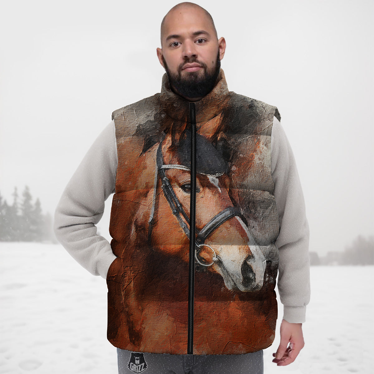 Painting Brown Horse Print Down Vest