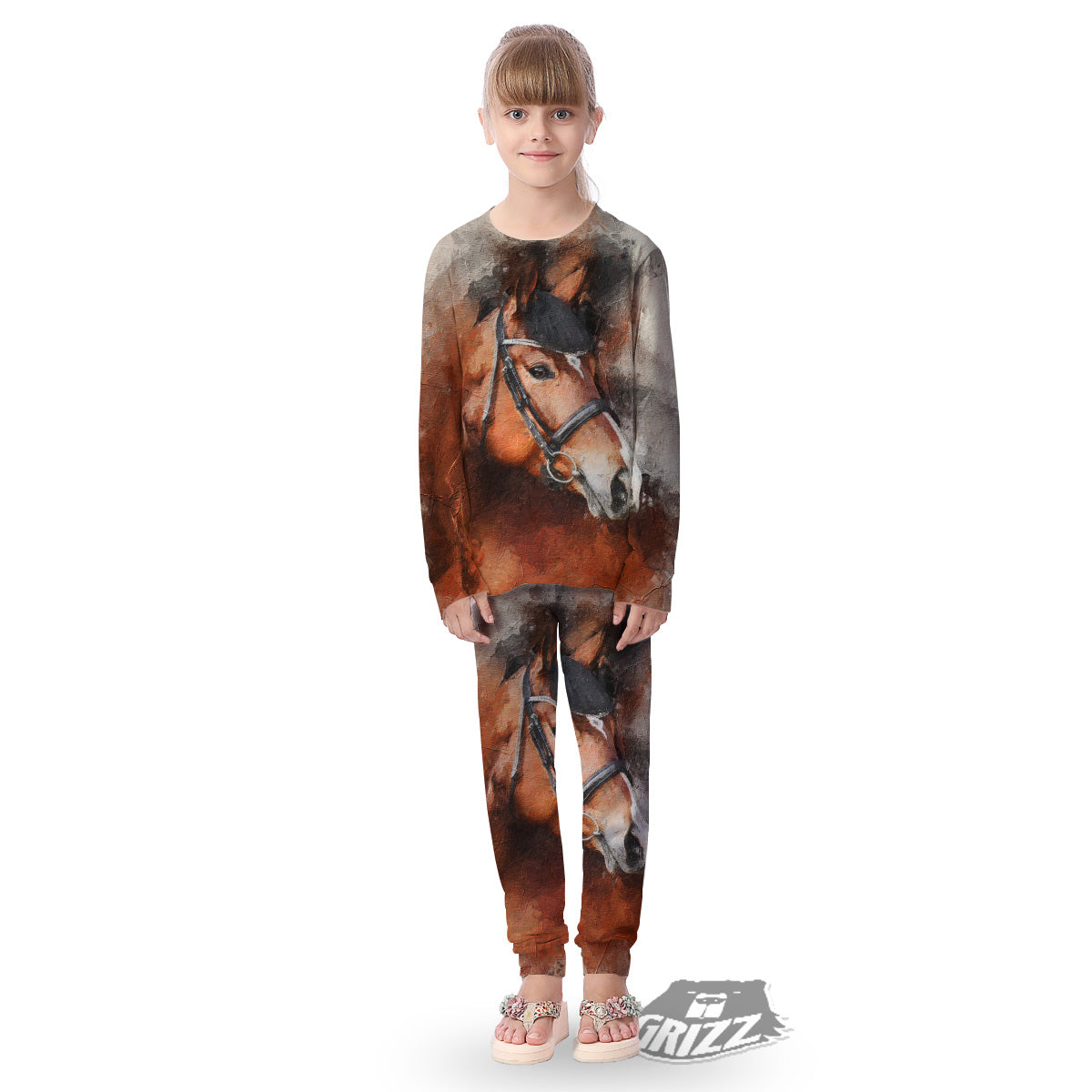 Painting Brown Horse Print Kid's Pajamas-grizzshop