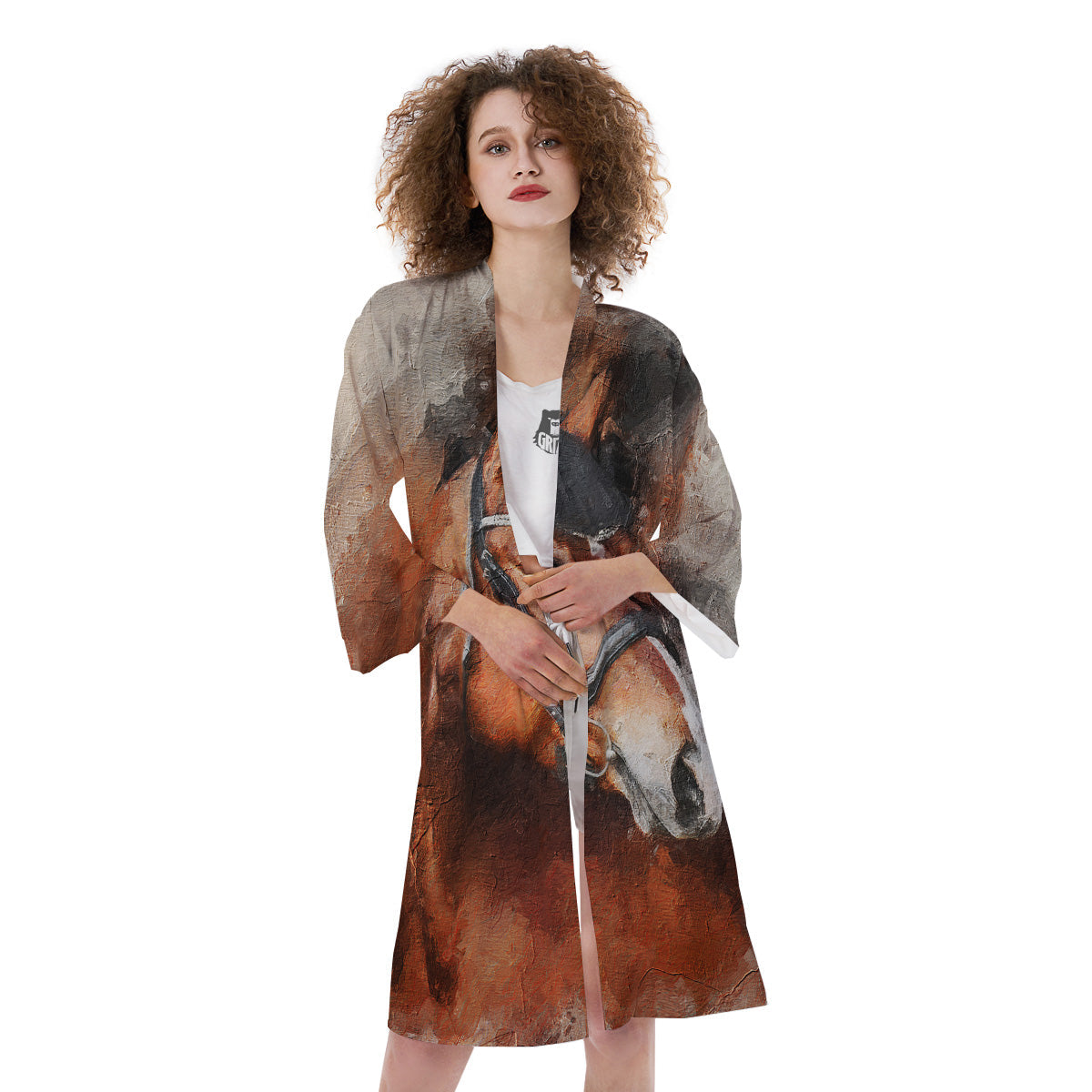 Painting Brown Horse Print Kimono-grizzshop
